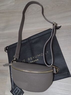 Elie Beaumont Mink-Grey Pebble Leather Crossbody Belt Bag with Gold Zip
